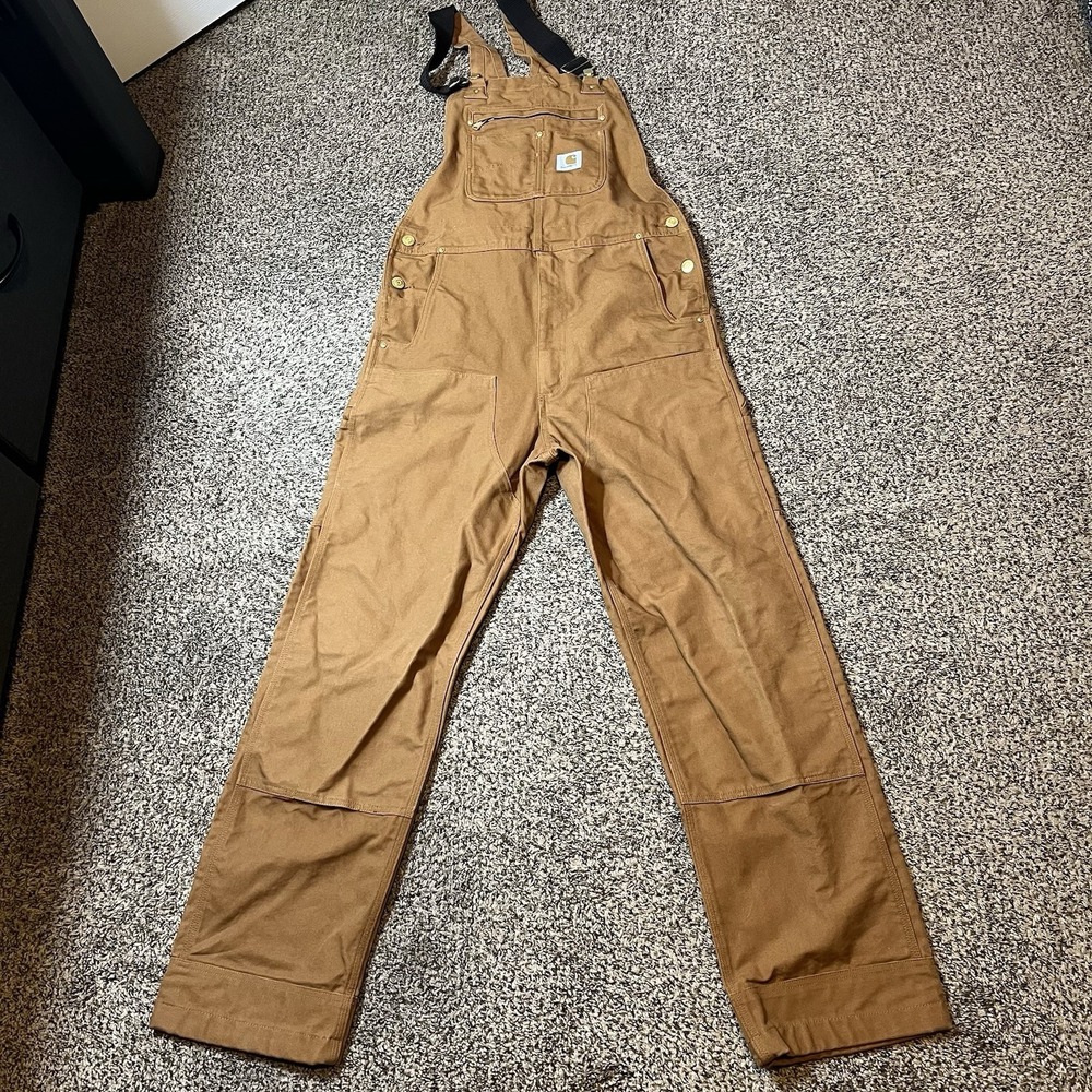Carhartt R01-M 102776 Duck Bib Overalls Mens 32x34 Fits 32x32 Brown Double Knee
